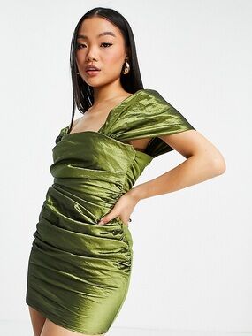 ASOS DESIGN Petite taffeta off shoulder ruched lace up back mini dress